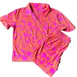 Cuddl Duds Terry Cloth Lounge Set Pink Orange Floral Top Shorts Womens S